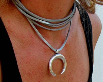 Silver Talisman Necklace, Crescent Moon Mystical Jewelry, Leather Choker Pendant , Celestial Cosmic Symbol, Half Moon Night Sky, Statement