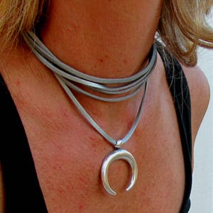 Silver Talisman Necklace, Crescent Moon Mystical Jewelry, Leather Choker Pendant , Celestial Cosmic Symbol, Half Moon Night Sky, Statement image 1