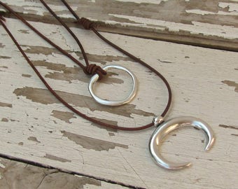 Layered Necklace Set, Crescent Moon Leather Pendant, Double Horn, Long Circle Jewelry, Boho Sautoir, Celestial Talisman, Western Wear Gift