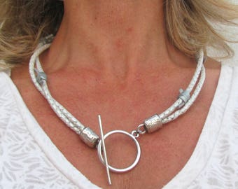 Statement Necklace Silver, Leather White Braided Choker, Art Deco Jewelry,  Modernist Pendant with Ring, Bride to be Gift, Toggle Clasp