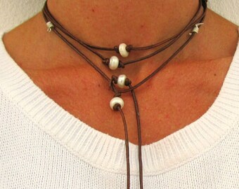 Leather Pearl Lariat Necklace, Choker, Bracelet, Wrap Jewelry, Greek Leather Y Necklace, Boho Style, Necklace of Pearls Long, Sautir Perle