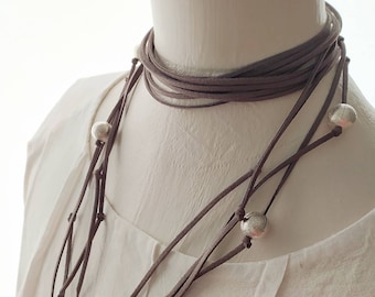 Leather wrap necklace, Statement Necklace, Grey Rustic Jewelry, Boho Necklace for Women, Bold Western Jewelry, Beaded choker, Mother Day