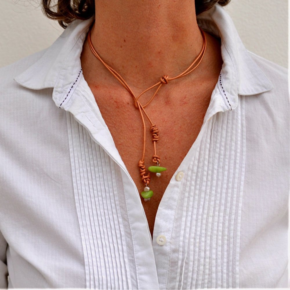 Loop Necklace Gemstone Leather Lariat Freshwater Pearls Etsy