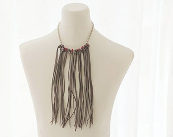 Leather Fringe Necklace, Long Statement Necklace, Grey Suede Jewelry, Bohemian Spirit, Fringe Collar, Boho Daughter gift