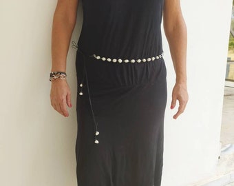 Pearl Belt, Leather Thin Belt, Black Dress Belt, Boho Pearl Sash, Beaded Jeweled Belt, Convertible Necklace, Belly Chain, for women