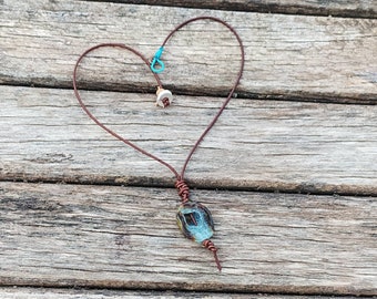Turquoise Crystal Choker, Healing Stone Choker, Leather Drop Pendant, Gem of the Sky, Crystal Slice Necklace, Throat Chakra Necklace, Boho