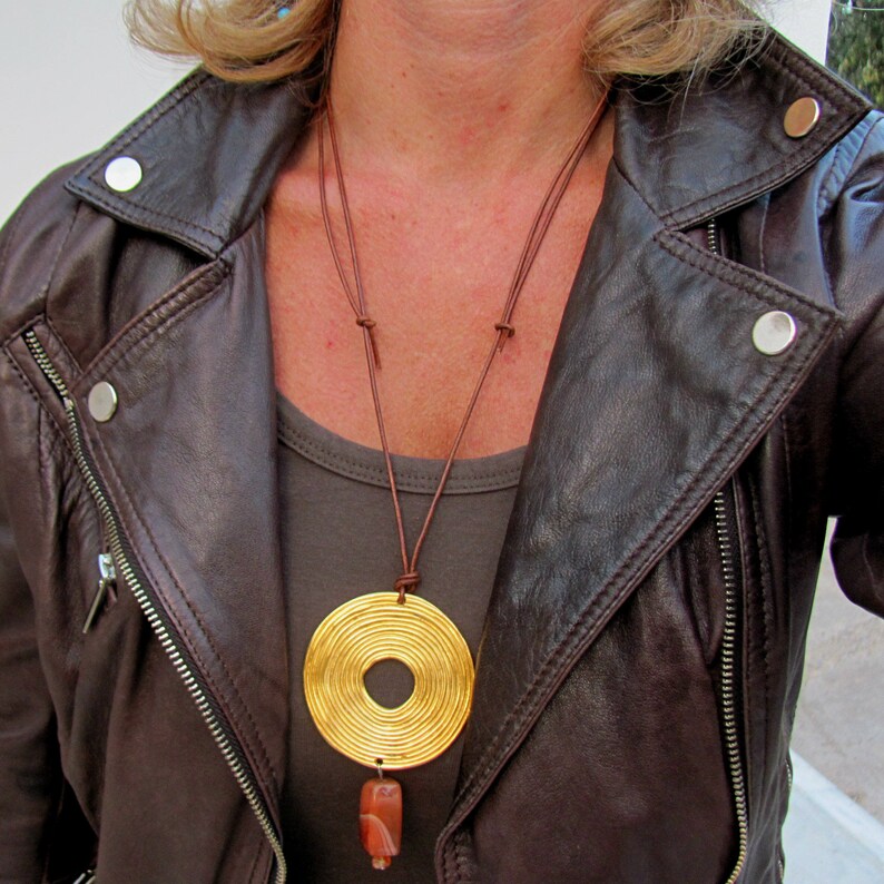 Long Necklace Pendant Gold Circle Medallion Lucite Jewelry Etsy