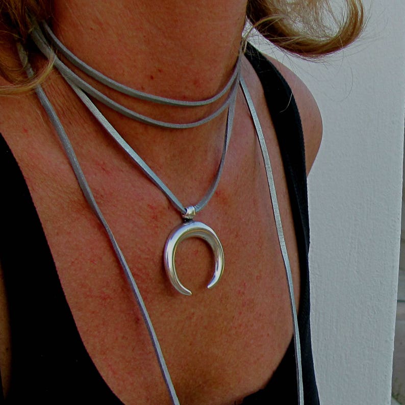 Silver Talisman Necklace, Crescent Moon Mystical Jewelry, Leather Choker Pendant , Celestial Cosmic Symbol, Half Moon Night Sky, Statement image 4