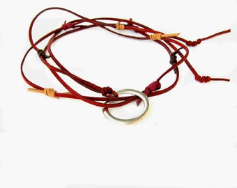 Burgundy Leather Choker, Toggle Necklace with Hoop, Lasso Necklace, Leather Lariat, Wrap Jewelry, Crimson, Burgundy, Bridsmaid gift