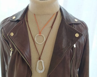 Long Layering Necklace Set, Contemporary Necklace, Asymmetric Leather Pendant, Adjustable Teardrop Hoop Necklace, Mix and Match Necklace
