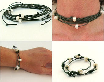 Pearl Leather Jewelry Set, Necklace Bracelet Set, Long Wrap Choker, Green Leather Jewelry, Double Strand Bracelet, Gift for Best Friend