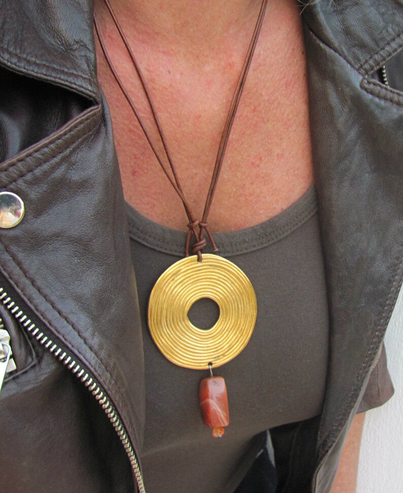 Long Necklace Pendant Gold Circle Medallion Lucite Jewelry Etsy