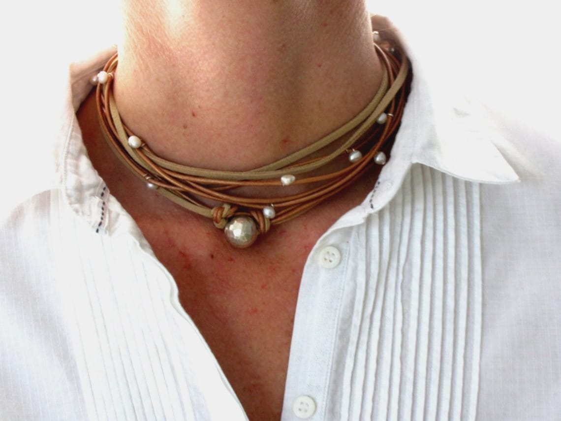 Leather Pearl Necklace Sterling Silver Jewelry Boho Silver Etsy