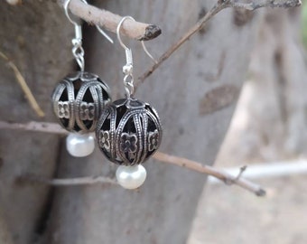 Pearl Drop Earrings, Dangle drop earrings, Boho Vintage Jewelry, Silver drop, floral carved ball, jewelry for mom, Bohemian Women Gift