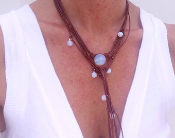 Pale Stone Necklace, Opal Moonstone  Pendant, Leather Choker Lariat, Long Brown Leather, Boho Wedding Jewelry for bridesmaid, Light My Fire