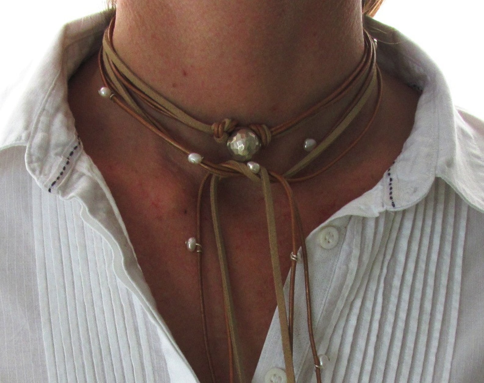 Leather Pearl Necklace Sterling Silver Jewelry Boho Silver Etsy