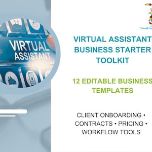 May include: A digital graphic advertising a Virtual Assistant Business Starter Toolkit. The image shows a blue keyboard with the words "Virtual Assistant" and lists 12 editable business templates, including client onboarding, contracts, pricing, and workflow tools.