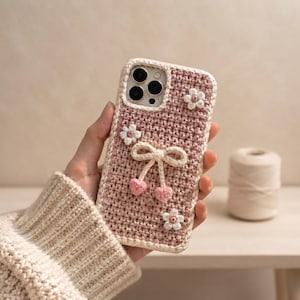 Op de afbeelding: Een oudroze gehaakt telefoonhoesje met een crèmekleurige rand en drie kleine witte bloemetjes met een geel hartje. In het midden zit een crèmekleurige strik van garen, waaraan twee kleine roze hartvormige bedeltjes hangen aan steeltjes.