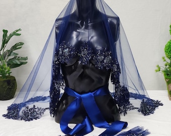 Navy Blue Henna Night Bridal Set, Lace Veil, Satin Sash, Matching Gloves, Bride Ceremony Accessory