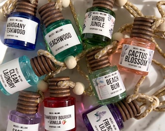 Difusor de aromas para carro, frasco de vidro com cordão, diversas fragrâncias disponíveis.