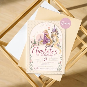 May include: A rectangular birthday invitation card featuring a cartoon character with long blonde hair in a purple dress, a castle, and floral accents. The text reads Charlotte's 2nd Birthday & Oct 23, The Thompson Residence, and RSVP details.