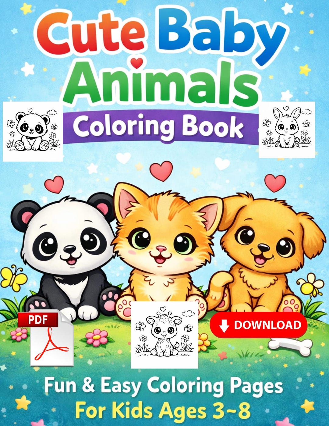 Cute Baby Animals Coloring Book for Kids, Printable Coloring Pages