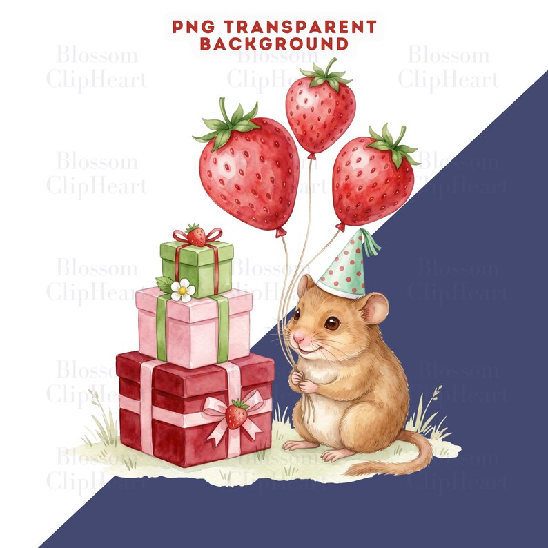 A watercolor illustration of a brown mouse wearing a green party hat, holding strings attached to three strawberry-shaped balloons, next to a stack of three wrapped gifts.
