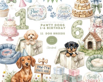Puppy Pawty Clipart Set, 79 PNGs with 11 Dog Breeds for Kids' Birthdays, Instant Download