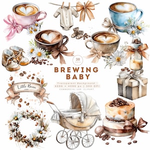 May include: A collection of watercolour illustrations including coffee cups with latte art, baby items, and a pram. The text reads "BREWING BABY". The image incorporates daisies, bows, and coffee beans, creating a warm, baby-themed design.