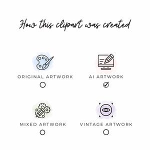 Text on a white background titled "How this clipart was created" with four options: Original Artwork, AI Artwork, Mixed Artwork, and Vintage Artwork, with a checkmark next to AI Artwork.