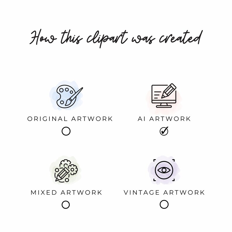 Text on a white background titled "How this clipart was created" with four options: Original Artwork, AI Artwork, Mixed Artwork, and Vintage Artwork, with a checkmark next to AI Artwork.