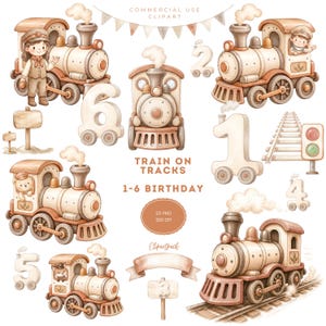 Puede incluir: Conjunto de imágenes prediseñadas de acuarela con trenes de juguete, números y elementos decorativos. Los trenes son en tonos marrón y crema, con vapor saliendo de las chimeneas. El conjunto incluye el texto "TRAIN ON TRACKS 1-6 BIRTHDAY".