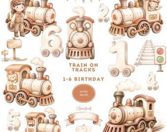 Watercolor Train Clipart Set, 25 PNG Files for Kids' Nursery and Birthday Designs