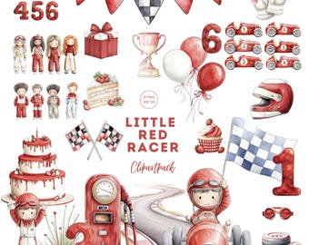 Watercolor Little Racer Clipart, Vintage Race Car Designs For Boys & Girls, For Baby Showers And Numbered Birthdays 1-6, Commercial Use