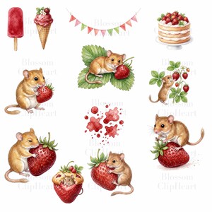 Nine watercolor illustrations of brown mice, strawberries, and strawberry-themed items, including a popsicle, ice cream cone, cake, and bunting.