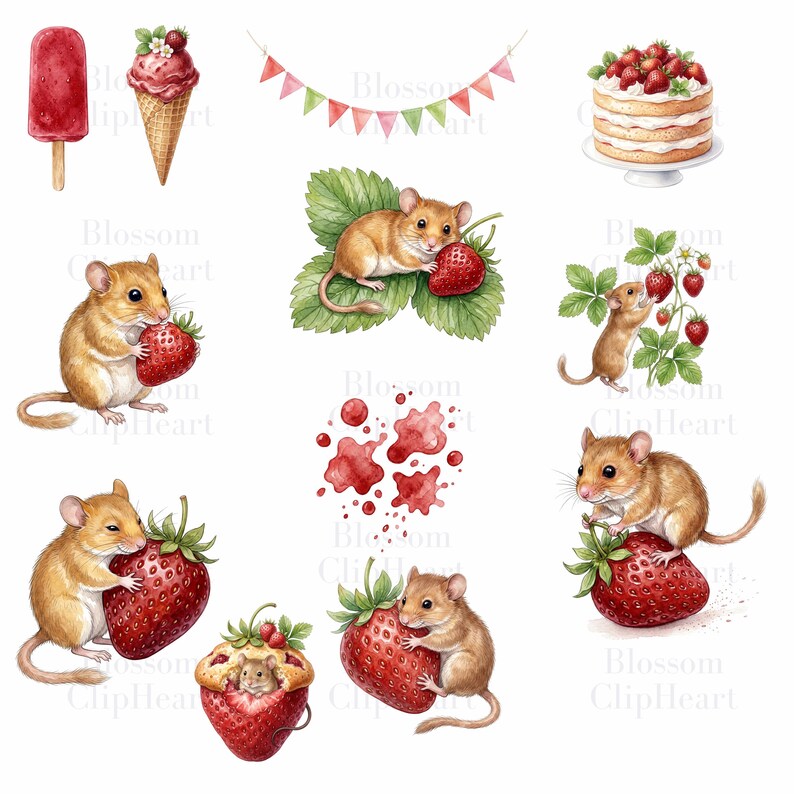 Nine watercolor illustrations of brown mice, strawberries, and strawberry-themed items, including a popsicle, ice cream cone, cake, and bunting.