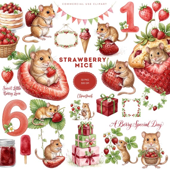 Strawberry Mouse Clipart Set – 58 PNG Files, Transparent Background, 4096 x 4096 px, 300 DPI, Instant Download, Commercial Use