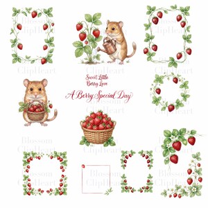 Nine watercolor illustrations including a mouse watering strawberry plants, a mouse holding a basket of strawberries, and various strawberry vine frames and borders.