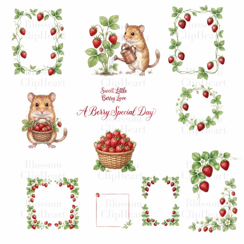 Nine watercolor illustrations including a mouse watering strawberry plants, a mouse holding a basket of strawberries, and various strawberry vine frames and borders.