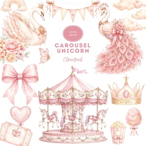 Może przedstawiać: Zestaw clipartów akwarelowych z karuzelą, łabędziem, pawiem i innymi fantazyjnymi elementami. Projekt zawiera różowo-złotą kolorystykę z tekstem "Carousel Unicorn Clipartpack".
