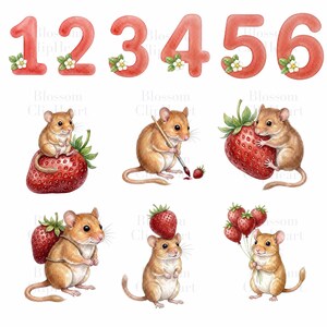 Six watercolor illustrations of red numbers 1 through 6, each adorned with white strawberry blossoms and green leaves, and six illustrations of brown mice interacting with strawberries.