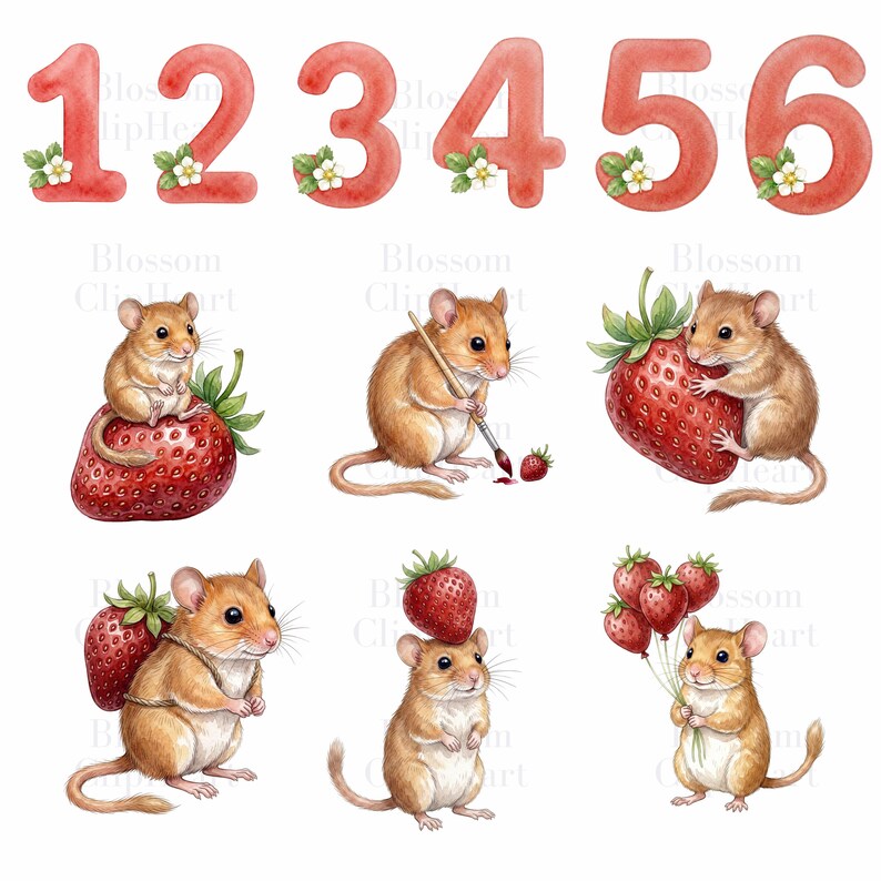 Six watercolor illustrations of red numbers 1 through 6, each adorned with white strawberry blossoms and green leaves, and six illustrations of brown mice interacting with strawberries.