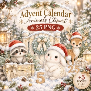 Imágenes prediseñadas de animales para calendario de adviento - 1-25 PNG Acuarela de animales salvajes invernales con gorros de Papá Noel + Bonus