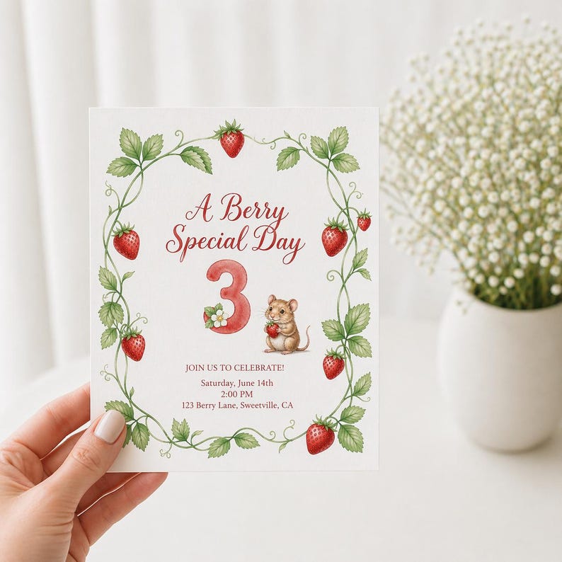 A hand holds a white invitation card with a strawberry vine border, a red number 3, a mouse, and text for a "Berry Special Day" event.