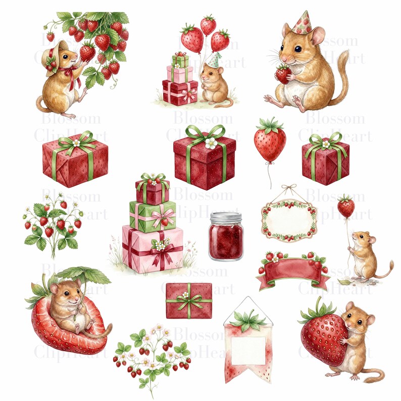 Thirteen watercolor illustrations of brown mice, strawberries, strawberry plants, red gift boxes, a jar of jam, and various banners and labels.