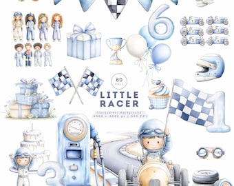 Watercolor Little Racer Clipart Bundle, Vintage Race Car PNGs for Birthdays 1-6