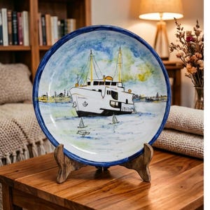 Hand-Painted Istanbul Ferry Ceramic Plate, Bosphorus Maritime Pottery, Artisan Blue White Decor, Turkish Steamboat Art, Unique Coastal Gift