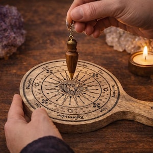 Può includere: Una tavola di legno per pendolo divinatorio con un disegno a raggiera e testo inciso. Un pendolo di legno è sospeso sopra la tavola, tenuto da una mano. Una candela accesa e cristalli sono sullo sfondo. La tavola ha un diametro di circa 25 cm.