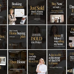 May include: A collection of fifteen digital social media templates for real estate marketing featuring dark backgrounds with gold and white text. The graphics include photographs of residential interiors, exterior home views, and professional portraits.