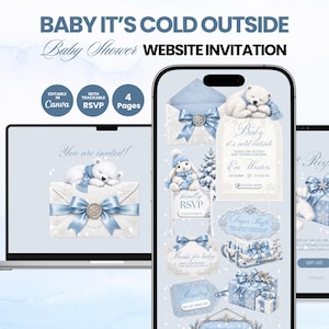 Baby It's Cold Outside Baby Shower Website Invitation With Trackable RSVP Blue Winter Wonderland Boy Invite Editable Canva Template